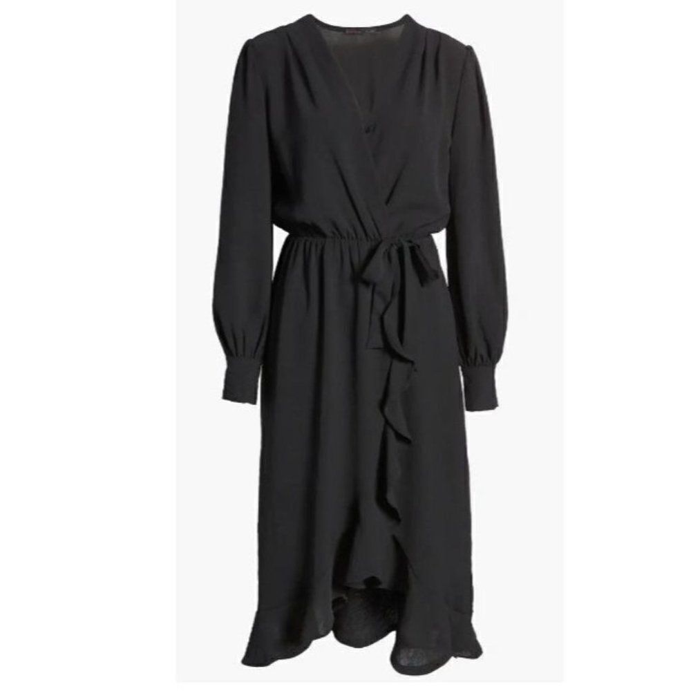 Fraiche by J Faux Wrap Ruffle Long Sleeve Dress, Black, Sz. L